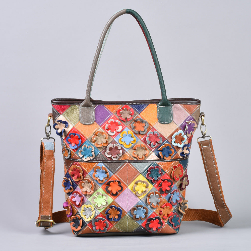Top-grain Leather Floral Patchwork Shoulder Crossbody Bag