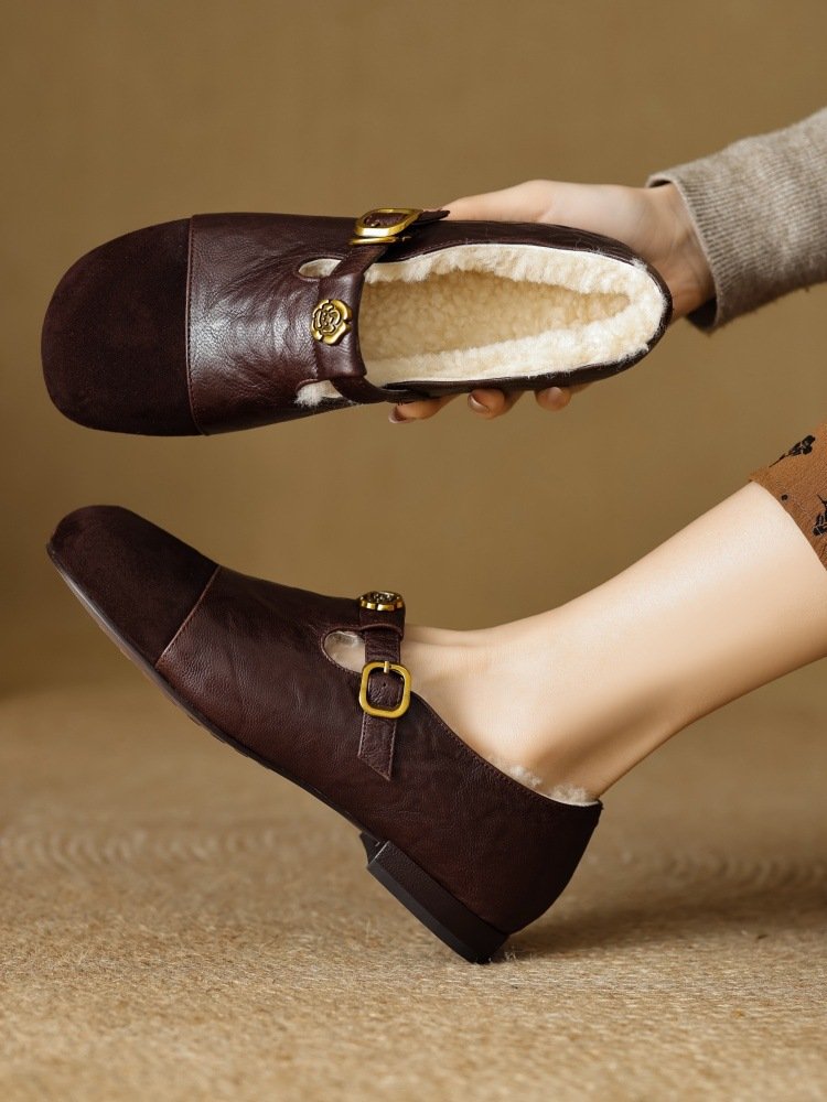 Women's Camellia Vintage Mary Janes, 2025 New Suede Finish, Round Toe Flat Pumps, Shallow Mouth Versatile Fleece Lined Warm Leather Shoes