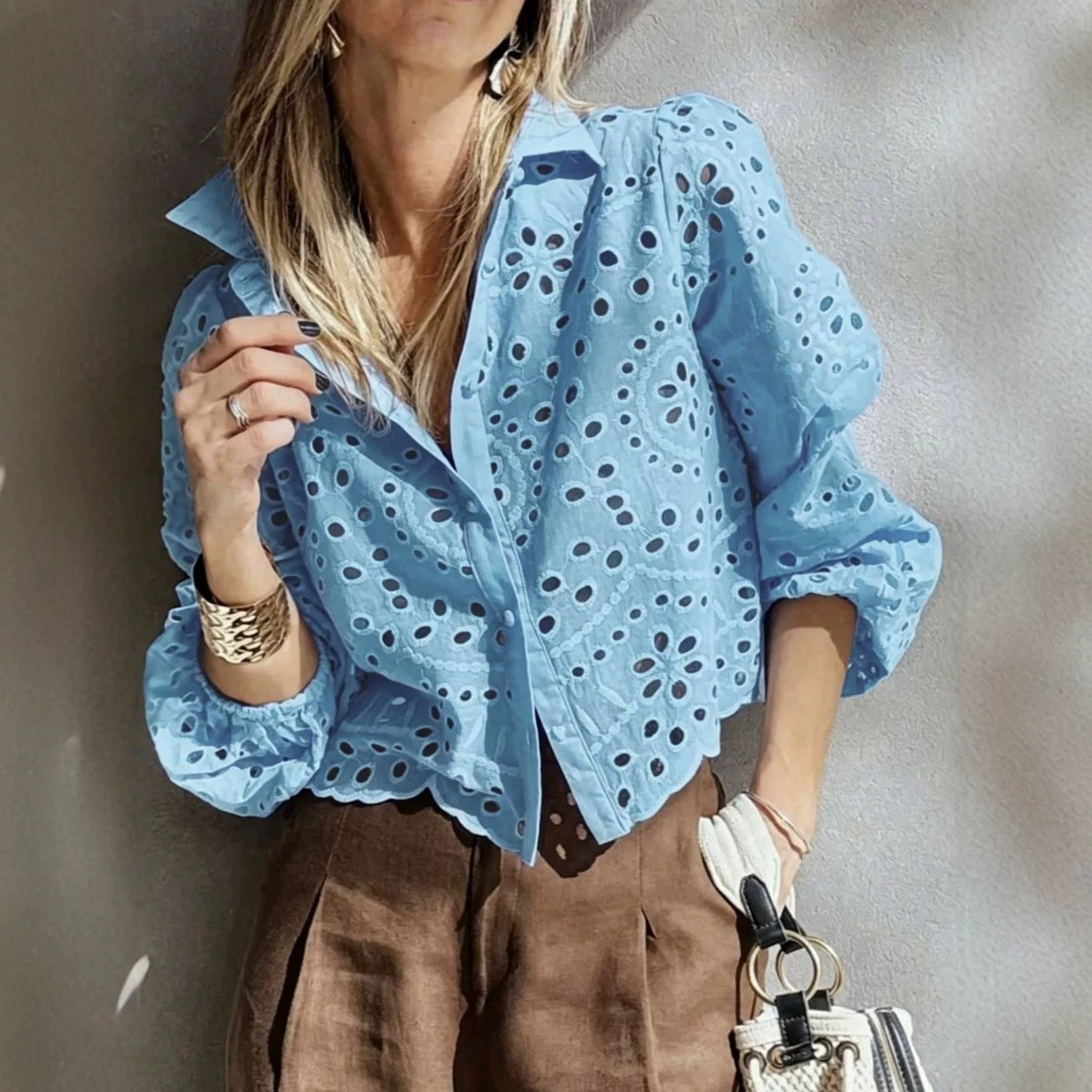 Women's Solid-color Loose-fit Hollow-out Embroidered Short Shirt