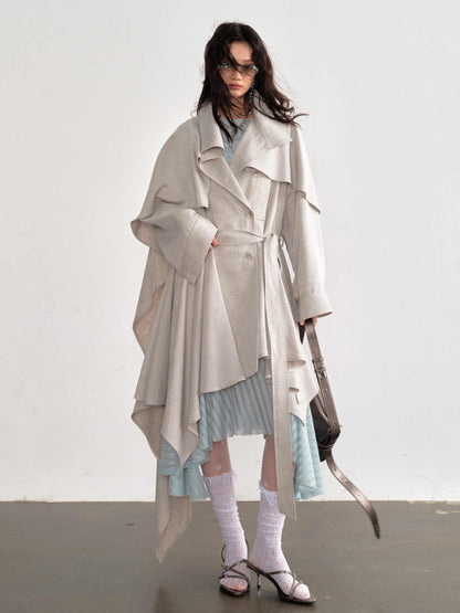 Gypsum White Linen Blended Irregular Skirt Trench Coat