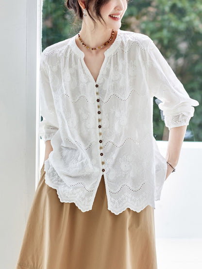 White Blouse Womens Long-sleeve Embroidered Top In Traditional Chinese Style