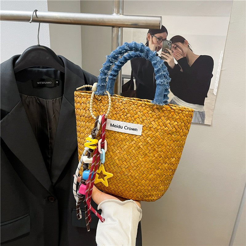 Color-block Minimalist Straw Beach Bag Wicker Basket Tote