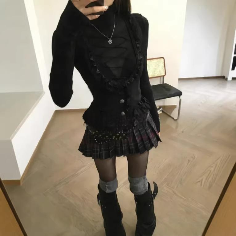 Dark Gothic-style Black Lace Halter Vest For Women