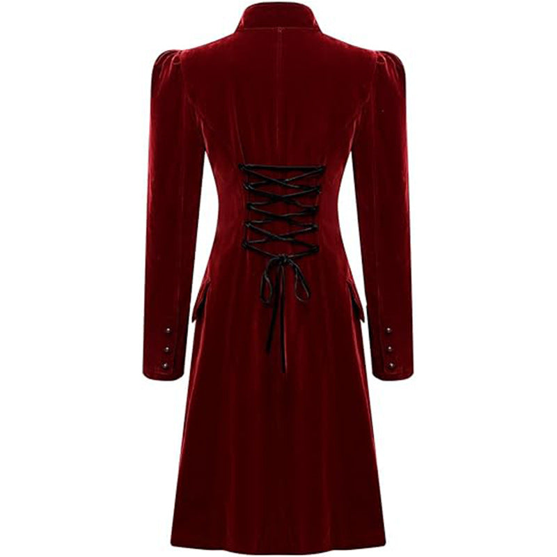 Retro-chic Fitted Waistline Printed Long-sleeve Stand-collar Coat