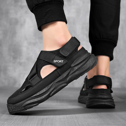 Men's Casual Sandals, Versatile Breathable Trendy Hollow-out Cool Sandals With Hook & Loop Fastener