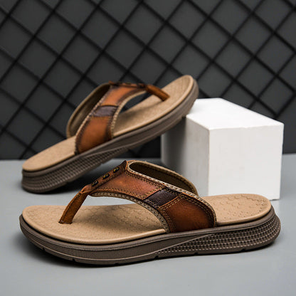 Mens Casual Breathable Full-grain Leather Slippers