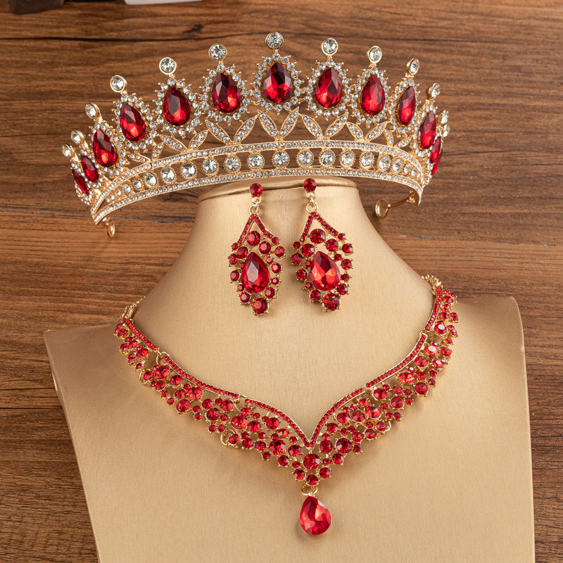 Elegant Bridal Alloy Diamond Crown Set with Exquisite Earrings and Necklace in 5 Colors