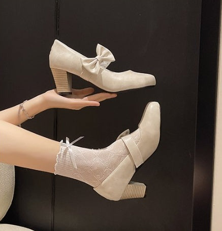 Women Leather Mary Janes, Block Heel Bow Pumps, Versatile Retro Style Fashion Shoes