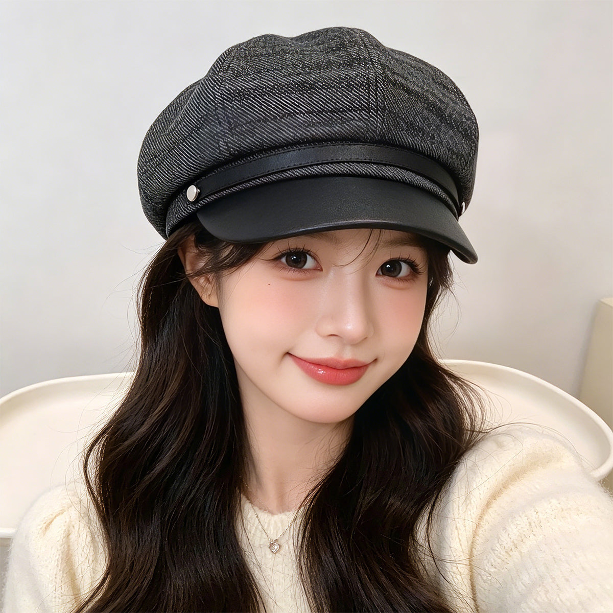 Cross-border Fashion Retro Denim Patch PU Leather Belt Buckle, Newsboy Hat, Casual And Versatile, Artistic Style Painter's Hat