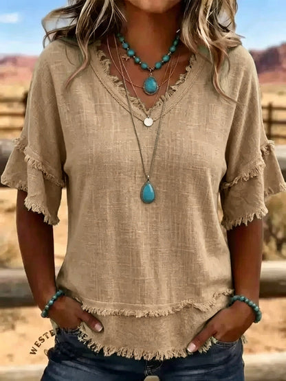 Casual Women's Shirt V-Neck Short Sleeve Loose Fit Pure Color Summer Fashion Trend Pullover Tops For Daily Wear