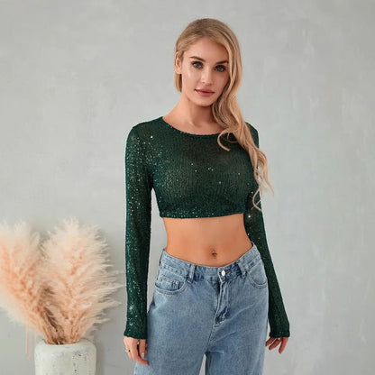 Fashionable Beaded T-shirt Sequined Slim-fit Crop Top