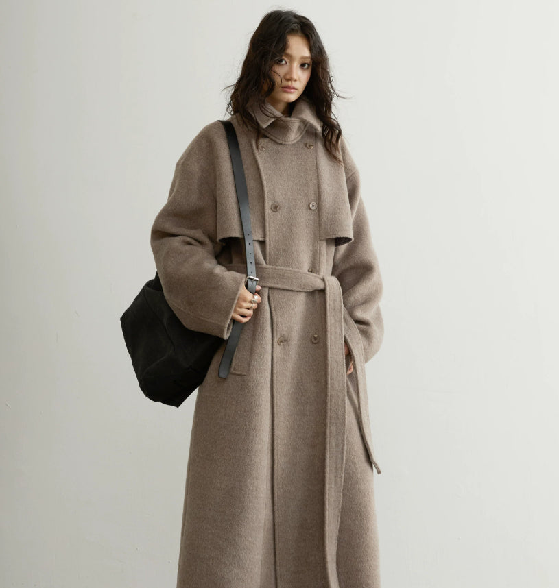 Retro-chic Soft Oat-beige Belted Wool Coat In A Long Silhouette