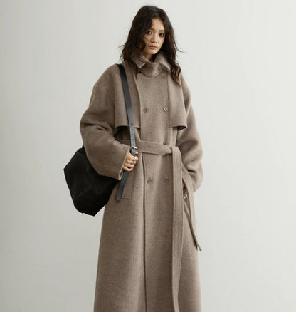 Retro-chic Soft Oat-beige Belted Wool Coat In A Long Silhouette