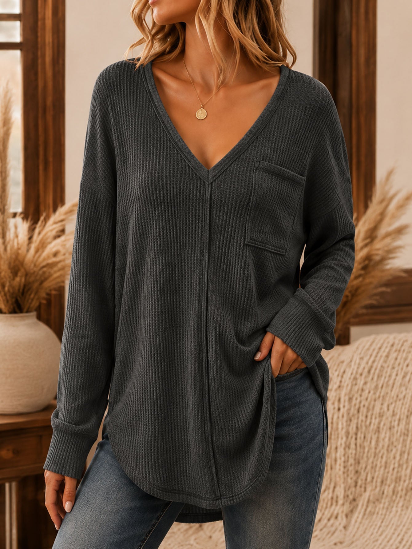 Womens Loose-Fit Pullover V-Neck Long-Sleeve T-Shirt
