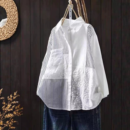 Literary-style Striped Embroidered Patchwork Blouse