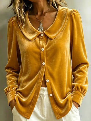 New French-style Lapel Long-sleeve Velvet Shirt With Buttons For Autumn And Winter In Europe And America