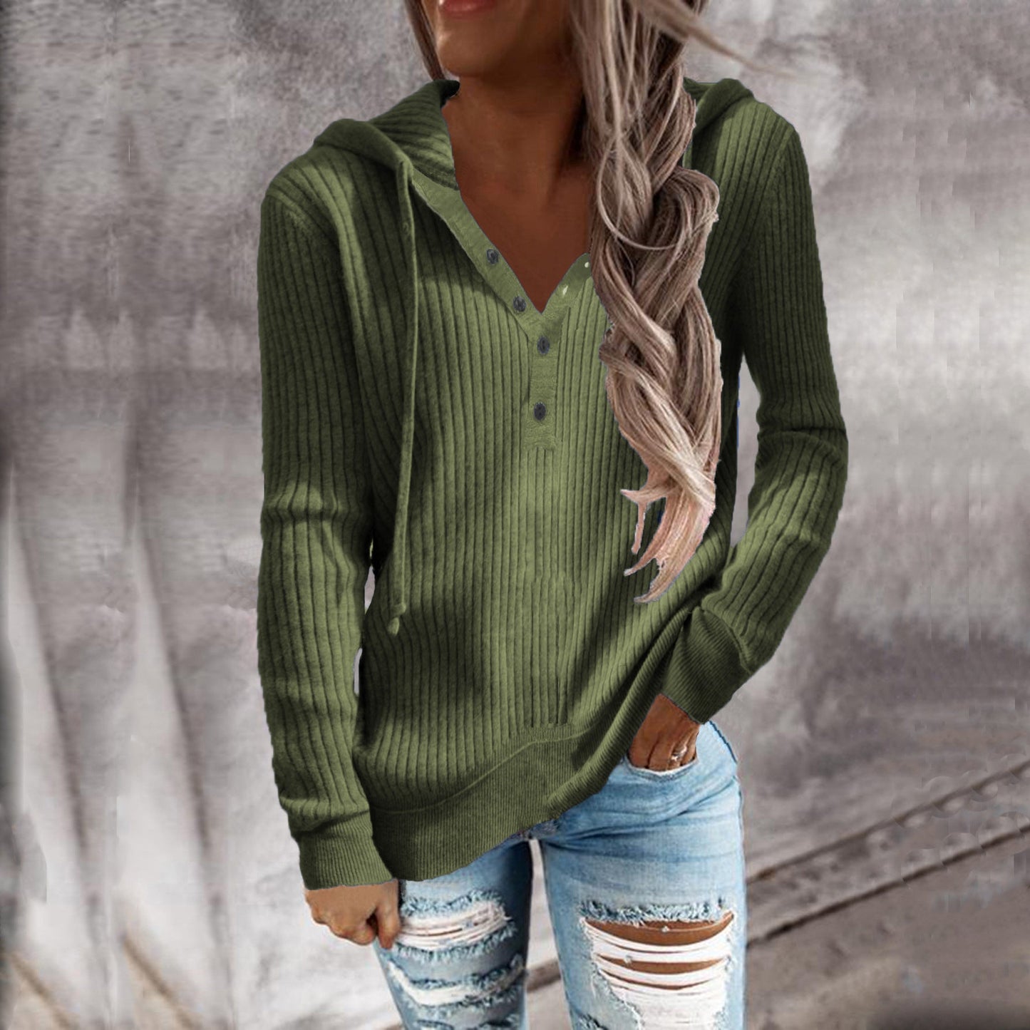 Women Ribbed Knit Hoodie Top Henley Half Button Drawstring Long Sleeve Casual Pullover Blouse