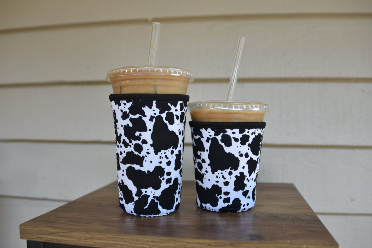 Black Cow Print Coffee Sleeve | Reusable Neoprene Iced Coffee Cup Cover (16–24oz)