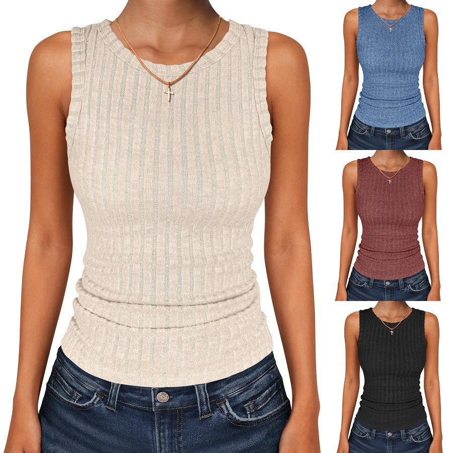 Womens Round-Neck Casual Sleeveless Solid-Color Knitted Vest