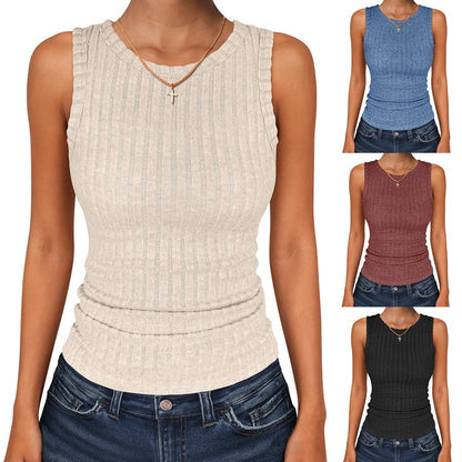 Womens Round-Neck Casual Sleeveless Solid-Color Knitted Vest
