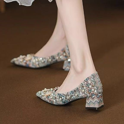 Shallow-toe Pointed Flat Womens Shoes With Rhinestone And Metallic Print