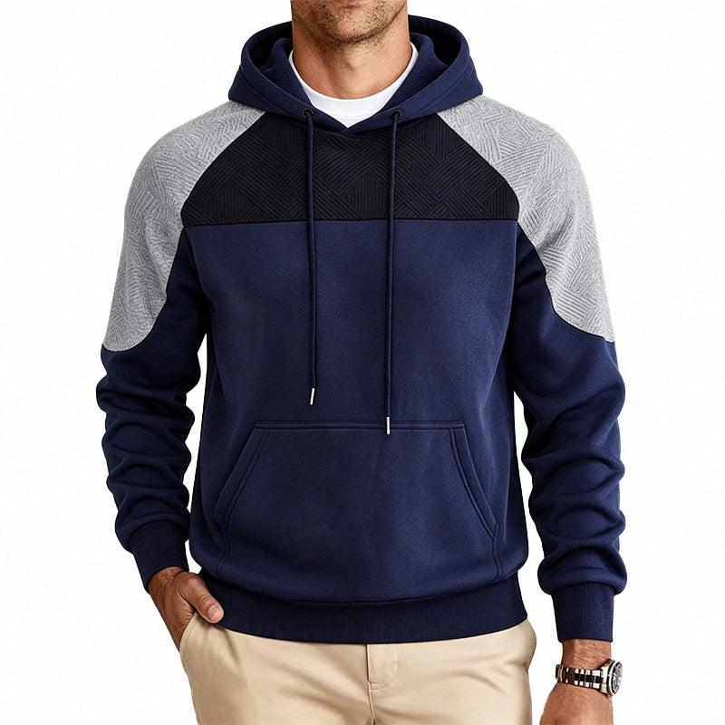 Fleece-lined Mens Patchwork Color-block Textured Loose-fit Hooded Jacket