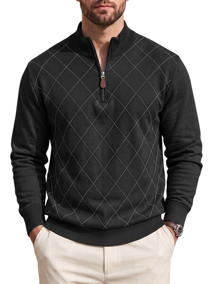 Mens Diamond-Check Half-Zip Long-Sleeve Casual Sweatshirt