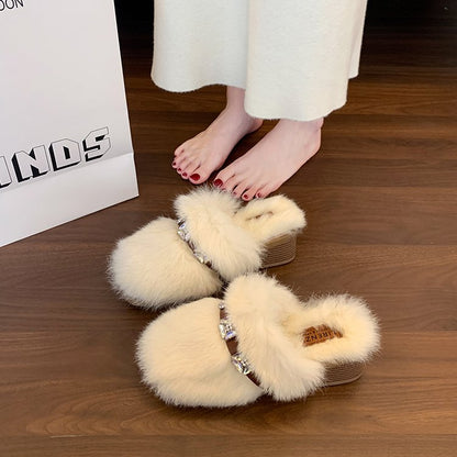 Women's Platform Rhinestone Luxury Furry Slippers, 2025 Autumn New Arrival, Soft Sole Versatile Niche Heightening Cotton Slippers