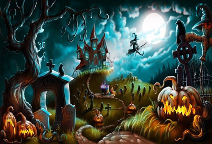 Halloween-themed scene with pumpkins, a haunted house, and a witch flying over a graveyard.