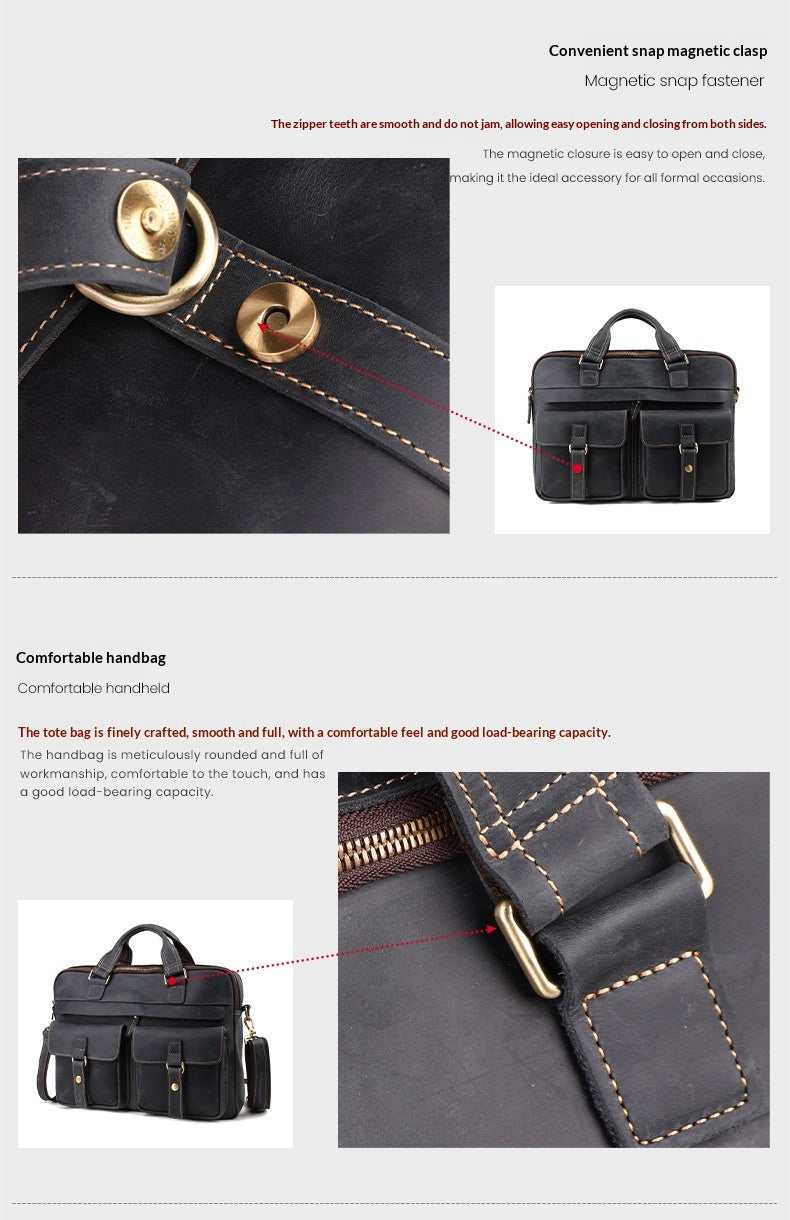 New Vintage Cowhide Men's Handbag Crazy Horse Leather Commuter Computer Bag Genuine Leather High-End Business Briefcase Men's Bag