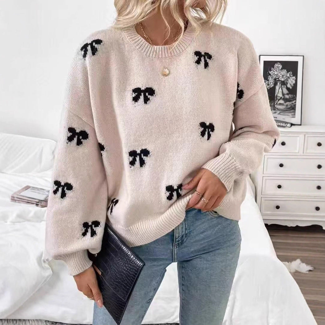 European And American Foreign Trade Amazon Bow Jacquard Sweater Clothes Autumn Women's Simple Design Women's Sweater