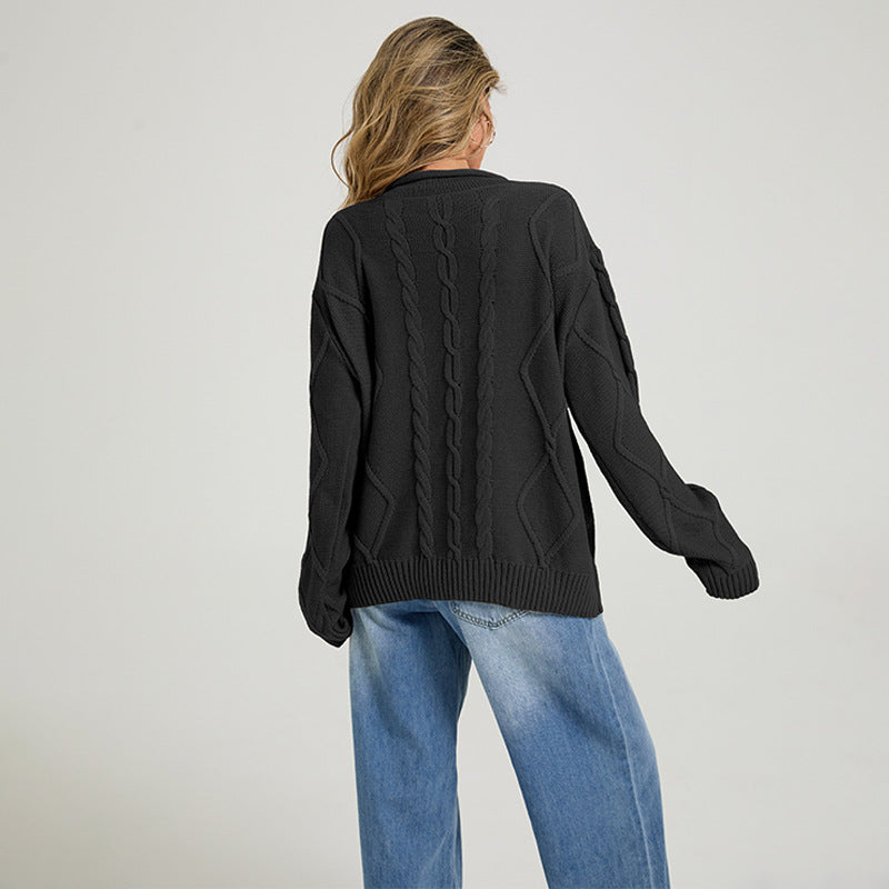 Womens European And American-style Loose-fitting Crew-neck Knit Sweater