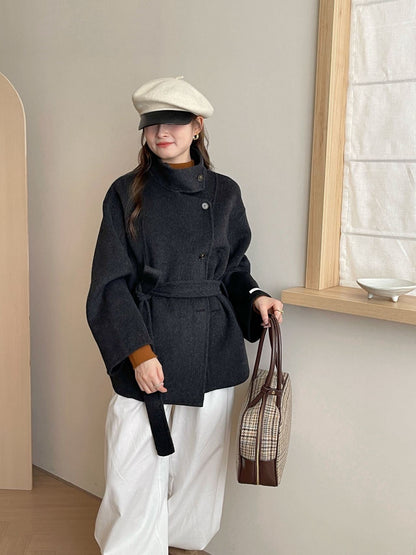 Lace-up Mid-length Double-faced Wool Coat Womens Wool Outerwear