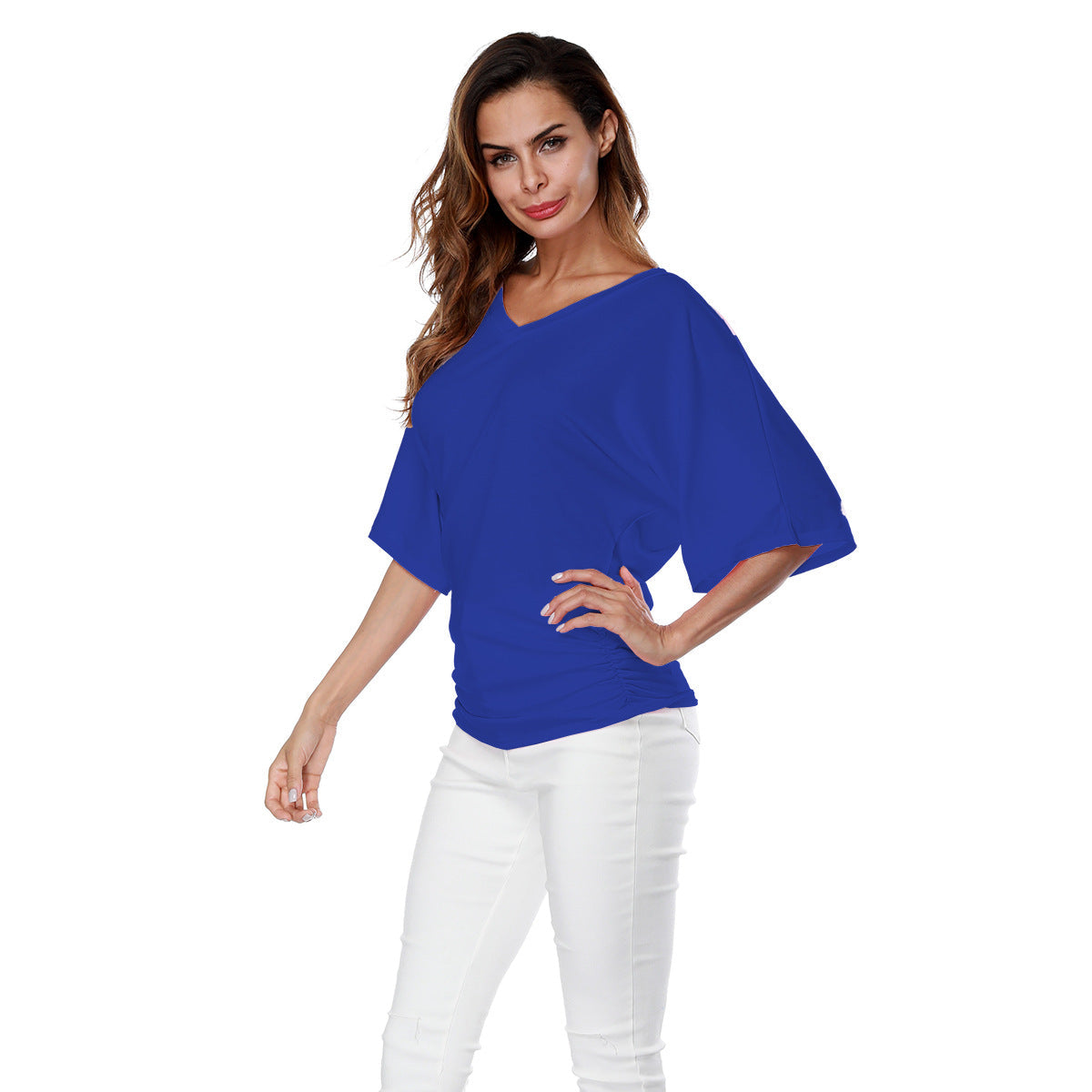 Plus-size Loose-fit Batwing-sleeve V-neck Short-sleeve T-shirt Top