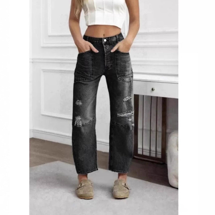 Retro Patchwork Wide Ocketed Distressed Jeans