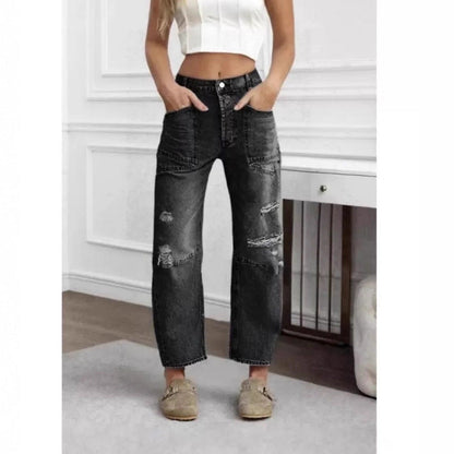 Retro Patchwork Wide Ocketed Distressed Jeans