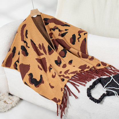 Drizzle-Color Leopard-Print Knitted Tassel CapeShoulder Wrap For Women