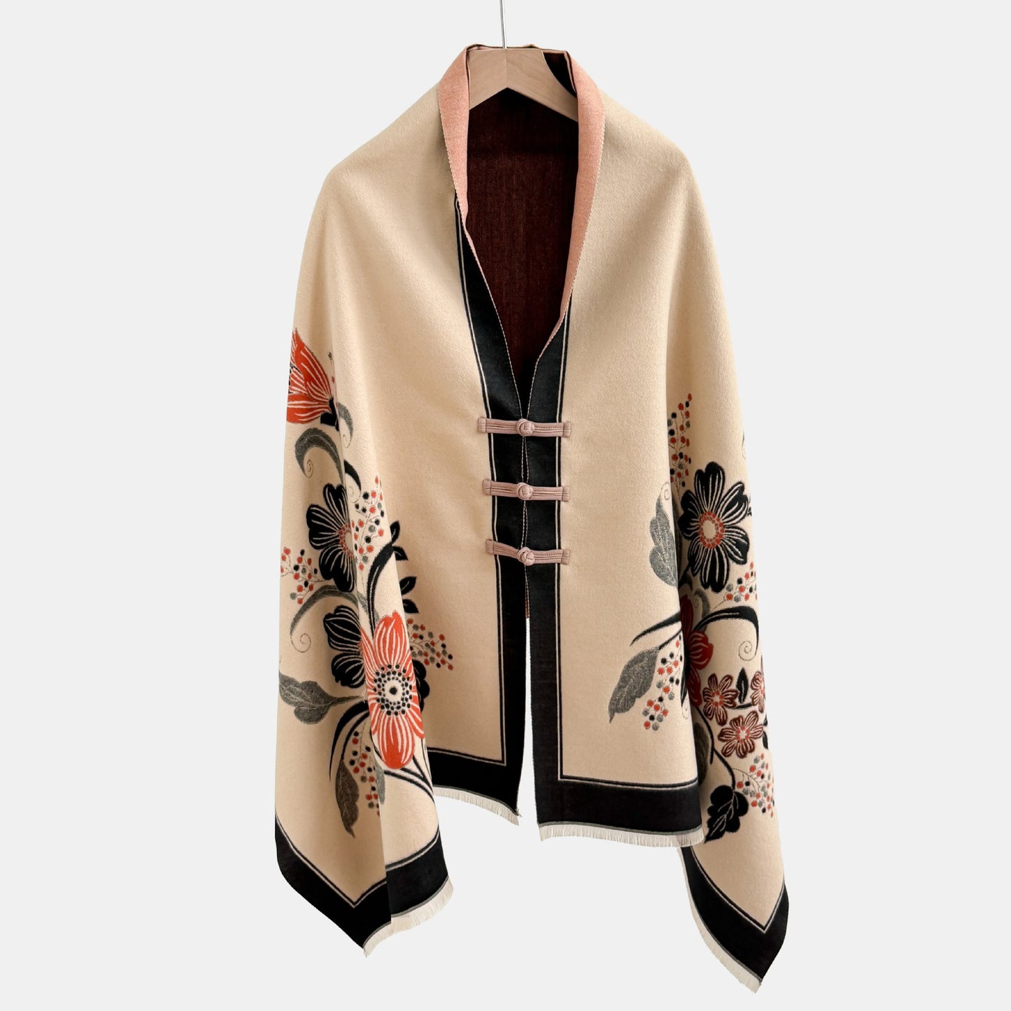 Vintage Knot-button Outerwear Jacquard Shawl