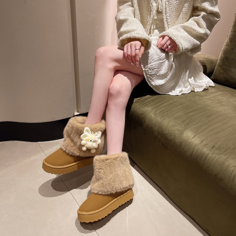 Women's Euro-American Style Platform Snow Boots, Plus Size Winter Fleece Lined Fur Trim Versatile Cotton Boots