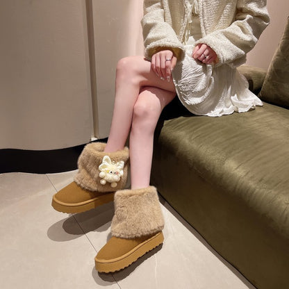 Women's Euro-American Style Platform Snow Boots, Plus Size Winter Fleece Lined Fur Trim Versatile Cotton Boots