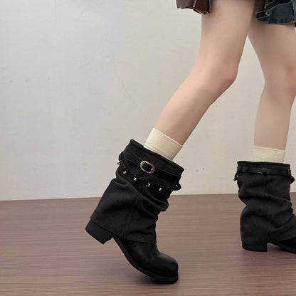 Vintage Style Block Heel Pleated Pants Tube Boots Womens 2026 Autumn New Arrival Trendy Fashion Boots Martin Boots Slouchy Ankle Boots