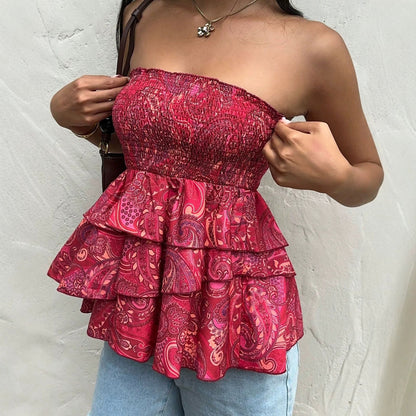 European And American-style Multi-layer Ruffled Strapless Top For Women