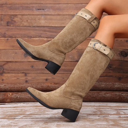French Retro Thick Heeled Boots With Belt Buckle, Fashionable And Versatile Fashion Boots