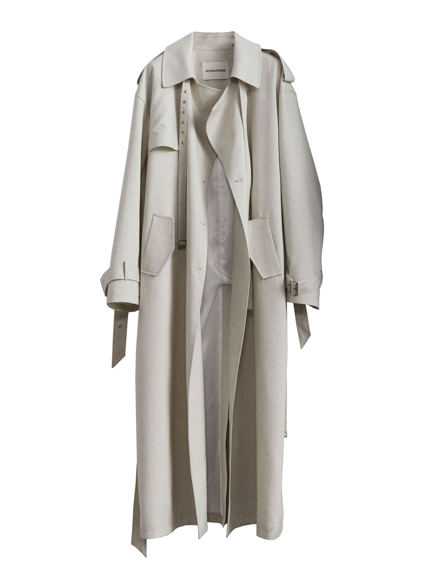 Lime-white Bandage-decorated Unisex Long Trench Coat
