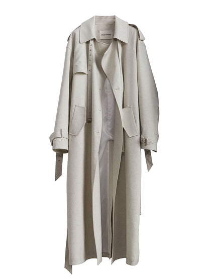 Lime-white Bandage-decorated Unisex Long Trench Coat