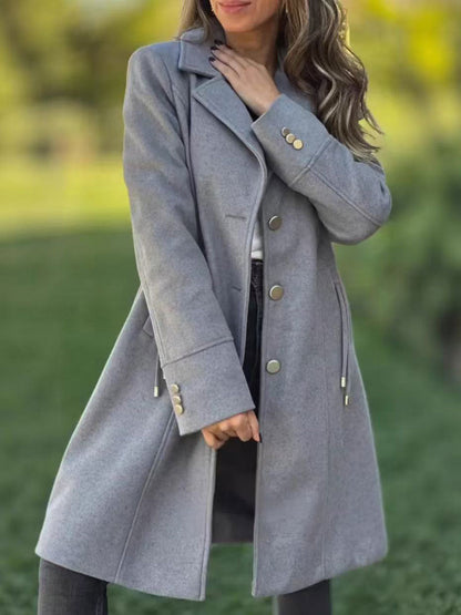 Womens Fashion Solid-color Mid-length Wool Coat With Drawstring And Pockets