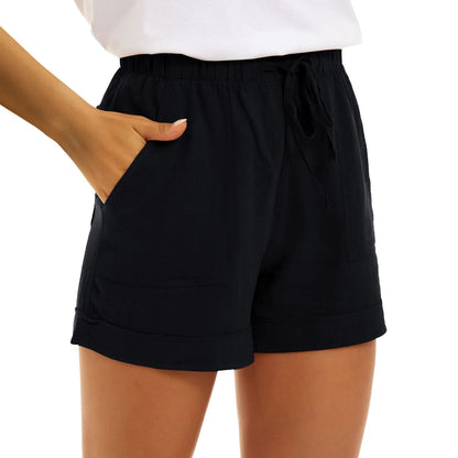 Cross-border Hot Sale Ladies Solid Color Cotton Linen Pocket Strap High Waist Casual Shorts