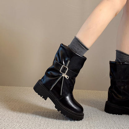 Women's Premium Denim Leather Boots, Wasteland Style Ankle Boots, New Ruched Belt Buckle Slouchy Pants Shaft Comfort Zip Boots
