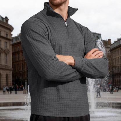 Business-casual Mens Loose-fit Jacquard Crew-neck Half-zip Hoodie With Small Square Patterns