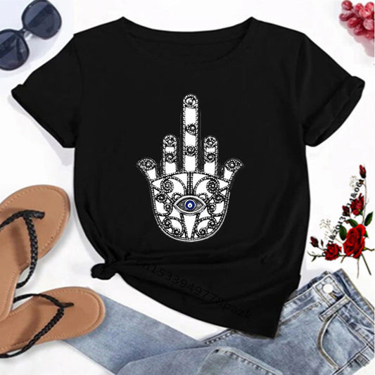 Creative Lucky Hand Printed Round Neck Short Sleeve